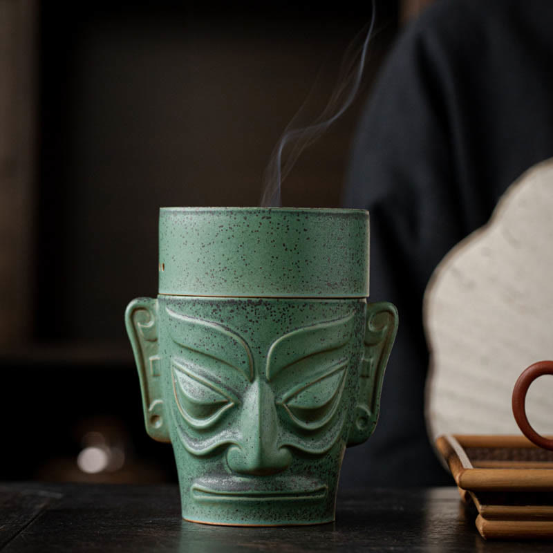 Ancient Sanxingdui Mask Ceramic Incense Burner - 13.8cm x 7.8cm