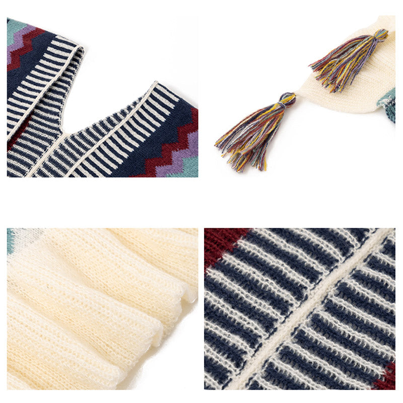 Tibetan Shawl Colorful Striped Wavy Line Tassels Winter Cozy Travel Scarf Wrap