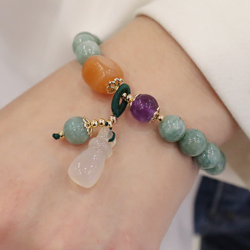 Cyan Jade, Golden Silk Jade & Amethyst Crystal Bracelet with Chalcedony & Energetic Styles