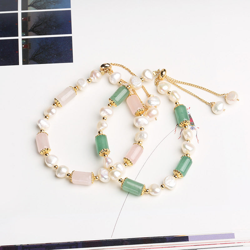 Green Aventurine Pearl Pink Crystal Bead Luck Bracelet
