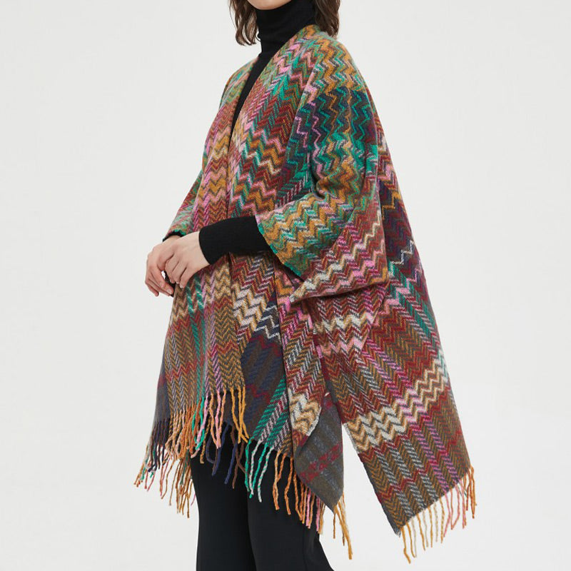 Tibetan Shawl Colorful Wavy Line Tassels Winter Cozy Travel Scarf Wrap