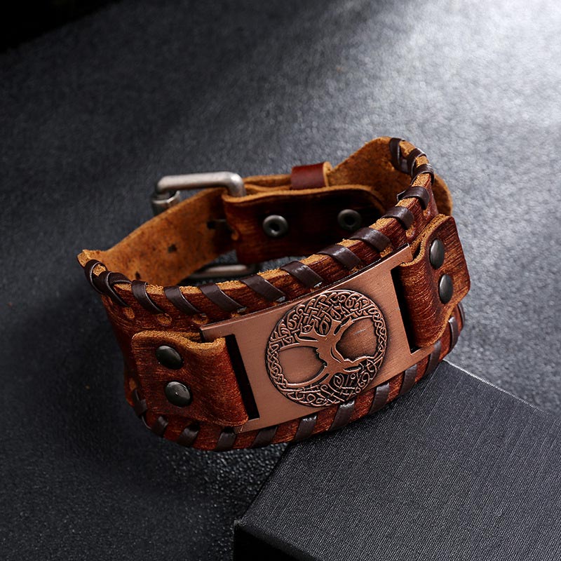 Handmade Tree of Life Copper Wide Leather Cuff Bracelet for Men and Women