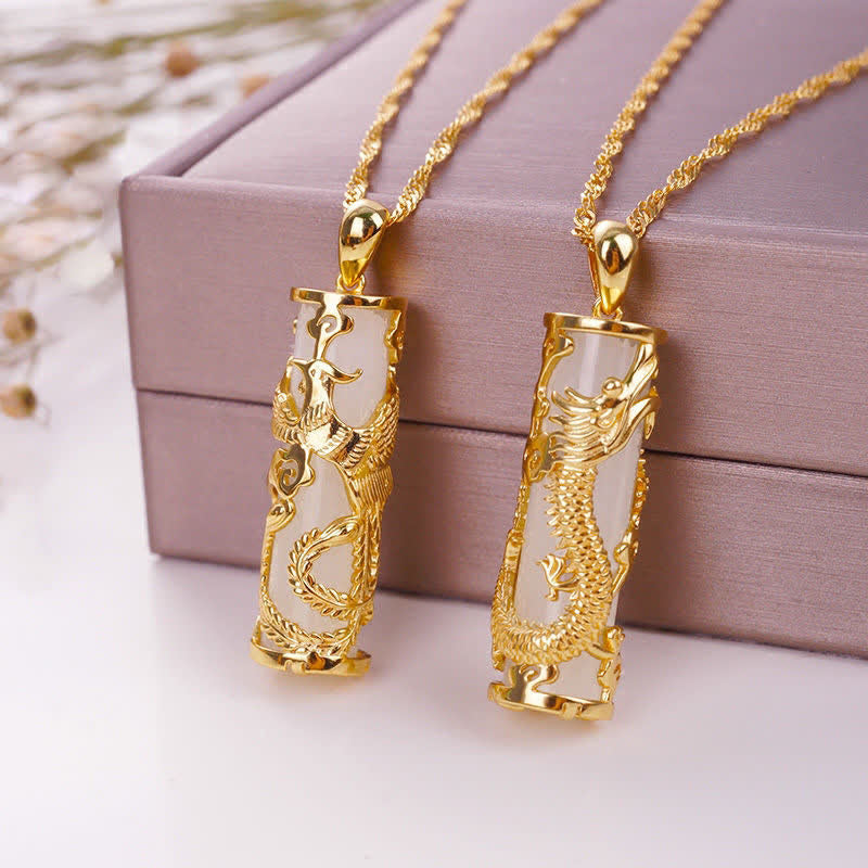 Hand-Carved White Jade and Copper Dragon or Phoenix Harmony Pendant Necklace