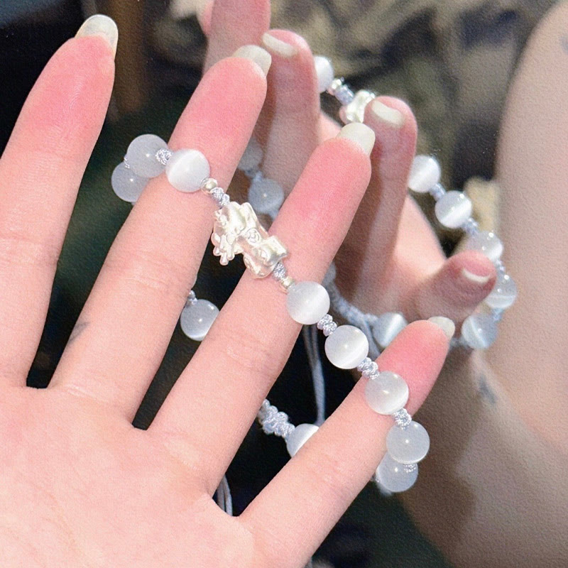 Natural Black Obsidian Cat's Eye Pink Crystal PiXiu Strength Bracelet