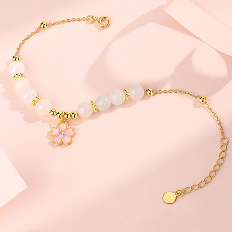 925 Sterling Silver Hetian White Jade Cherry Blossom Zircon Chain Bracelet