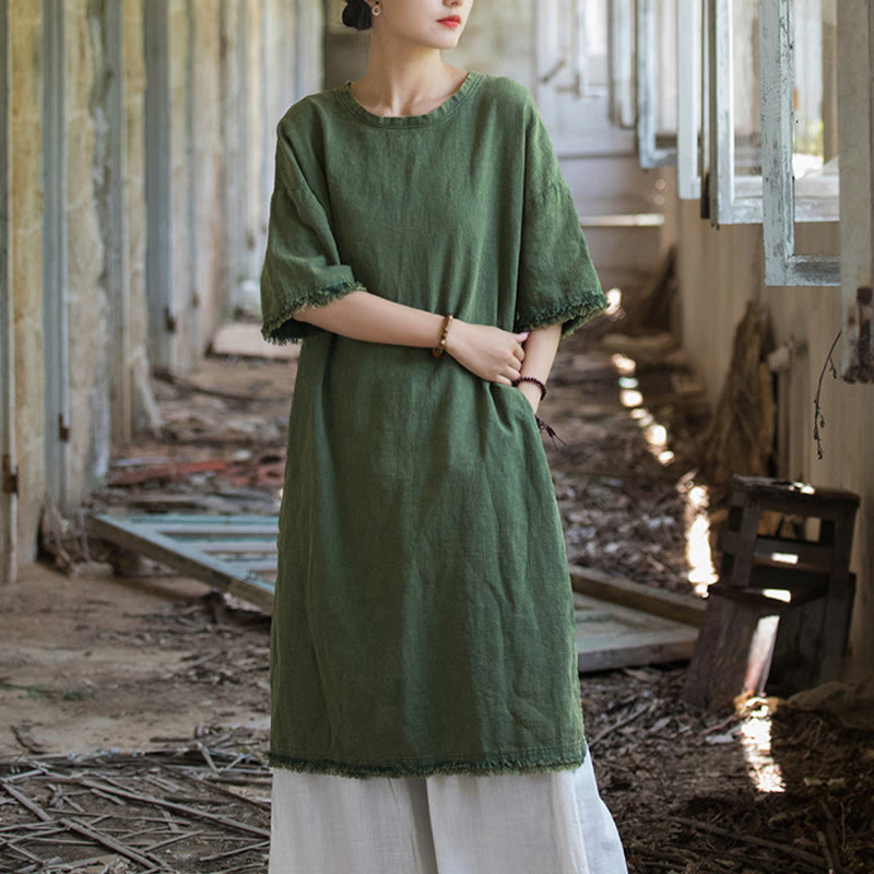 Mid Length Dress Ramie Linen Half Sleeve Split Hem Top T-Shirt
