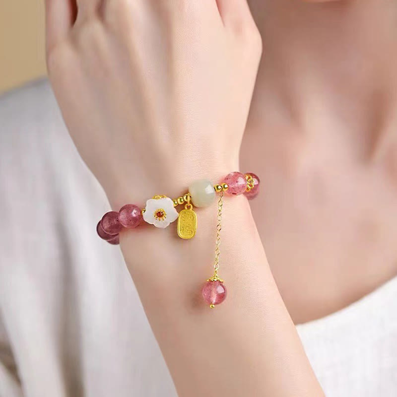 Pink Rose Quartz & Hetian Jade Fu Symbol Crystal Bracelet