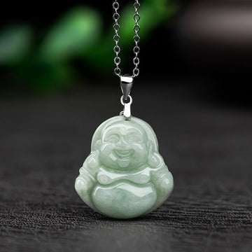 925 Sterling Silver Carved Jade Laughing Buddha Pendant Necklace