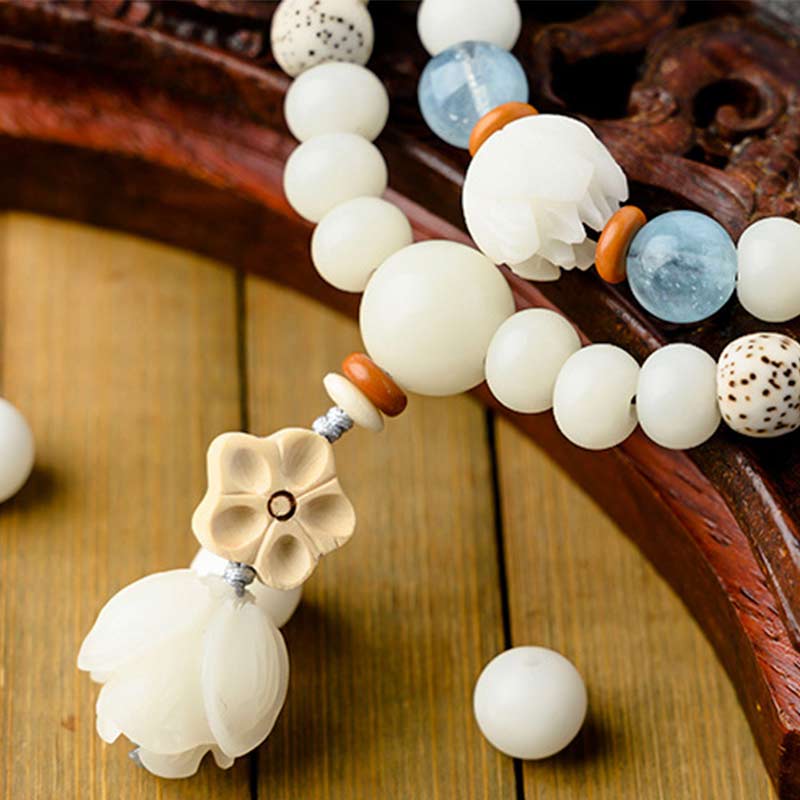 Tibetan White Jade Bodhi Lotus Blessing Bracelet