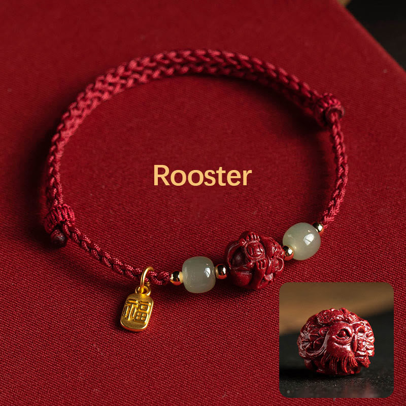 Handmade Cinnabar & Hetian Jade Sterling Silver Chinese Zodiac Fu Red String Bracelet