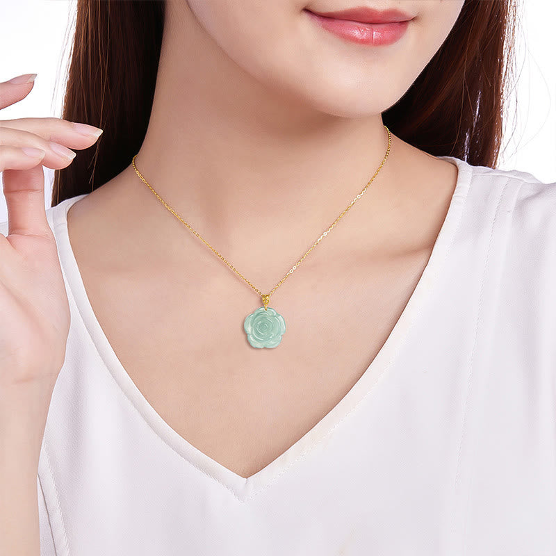 18K Gold Buckle 925 Sterling Silver Chain Natural Jade Rose Luck Necklace Pendant