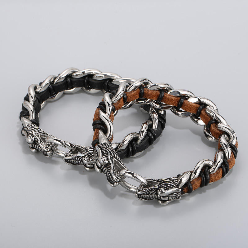 Masculine Dragon Braided Leather and Titanium Steel Bracelet