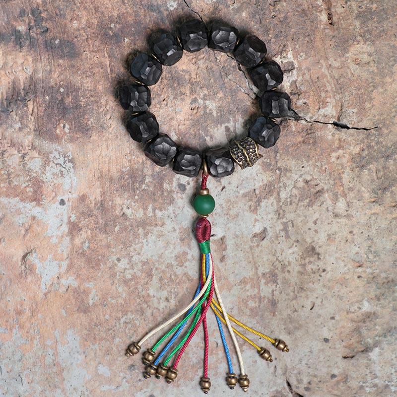 Tibetan Ebony Wood and Copper Peace Tassel Agate Wrist Mala