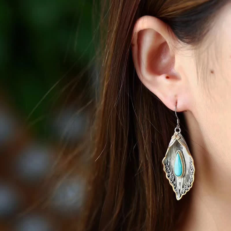 Bodhi Leaf Pattern 925 Sterling Silver Turquoise Dangle Drop Earrings