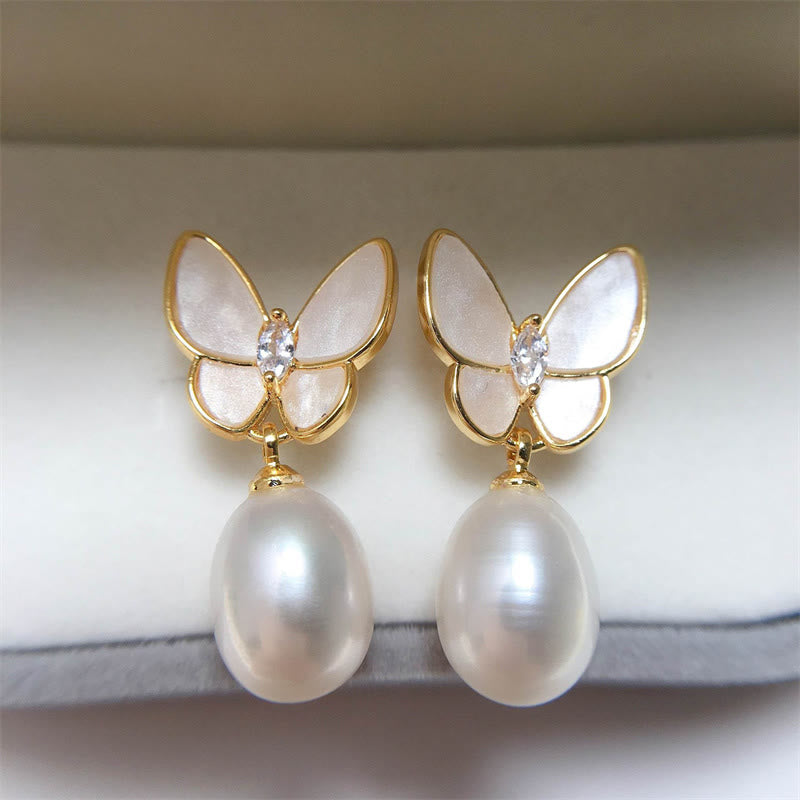 925 Sterling Silver Posts 18K Gold Plated Copper Pearl Butterfly Optimism Stud Earrings