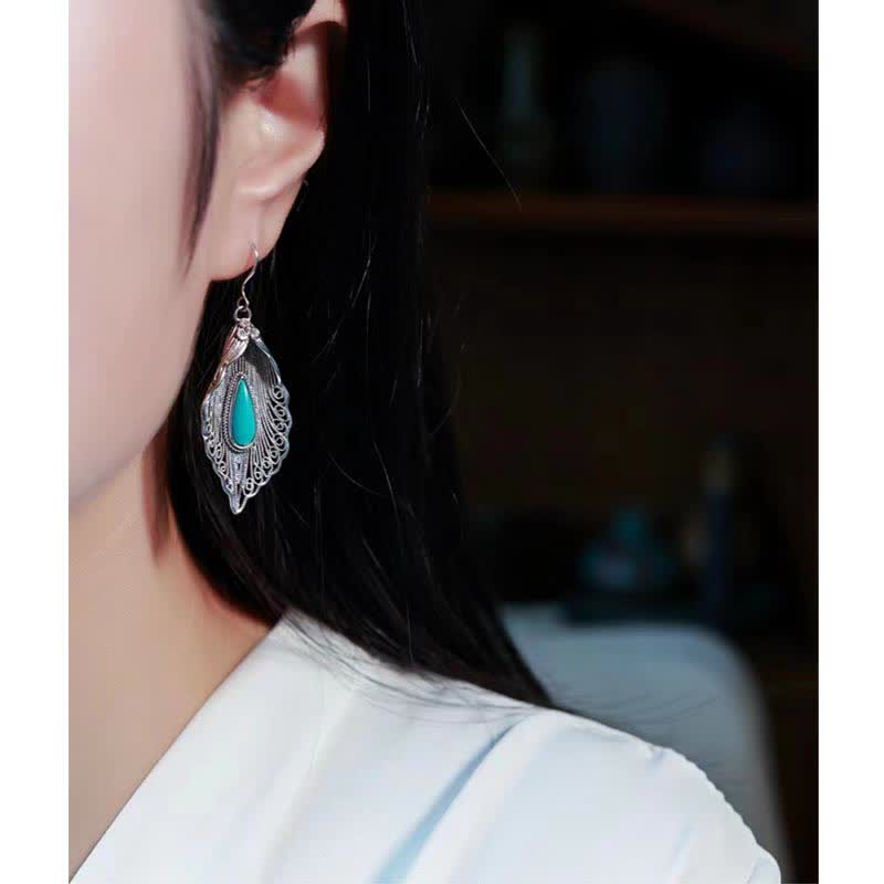 Bodhi Leaf Pattern 925 Sterling Silver Turquoise Dangle Drop Earrings