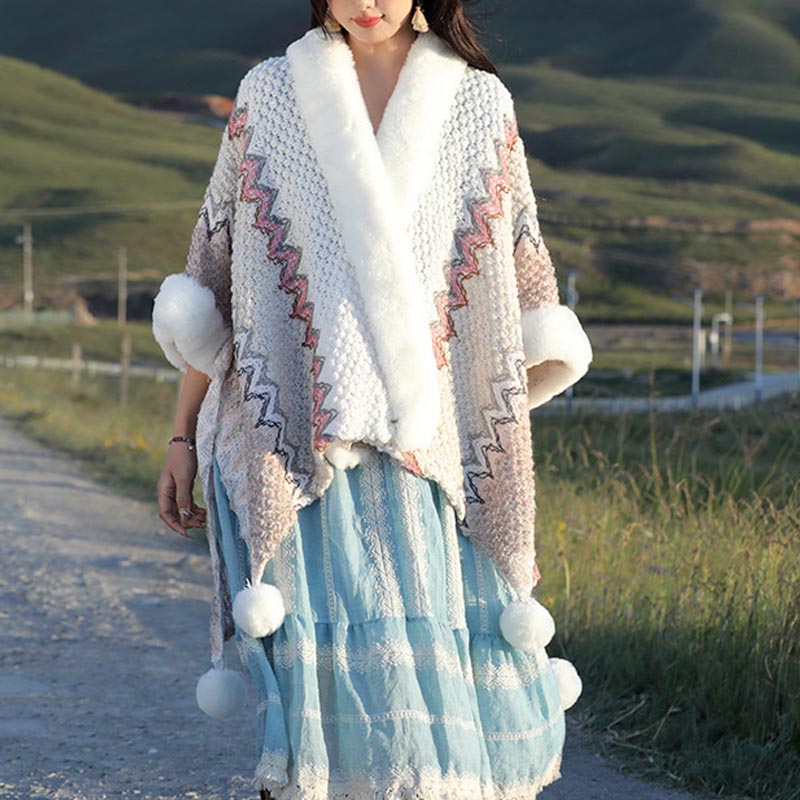 Tibetan Multicolored Wavy Lines Knitted Striped Shawl Coat Winter Cozy Travel Scarf Wrap