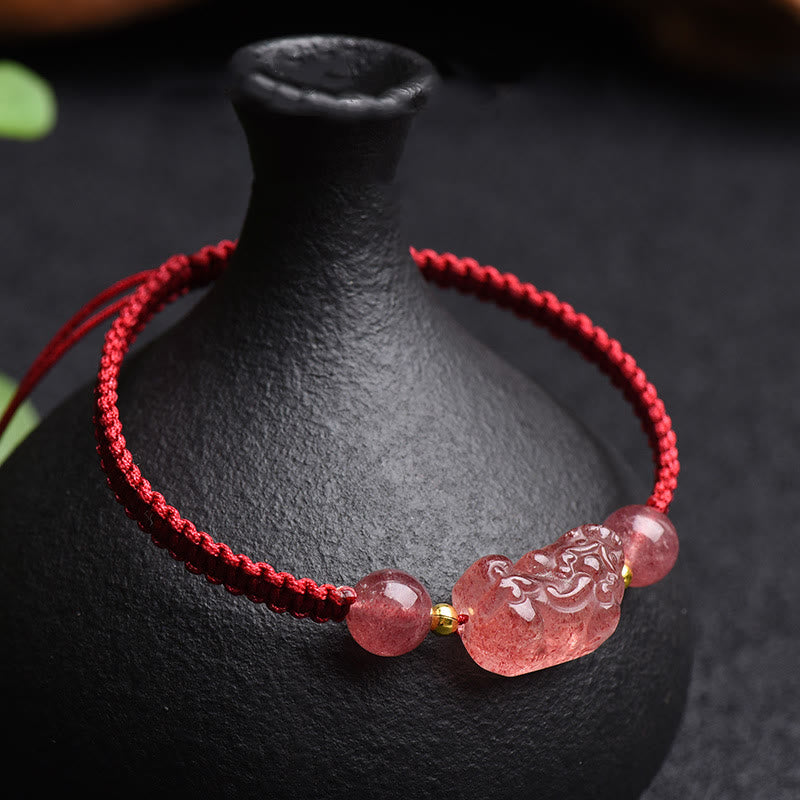 Natural Strawberry Quartz Pixiu Adjustable Red String Bracelet