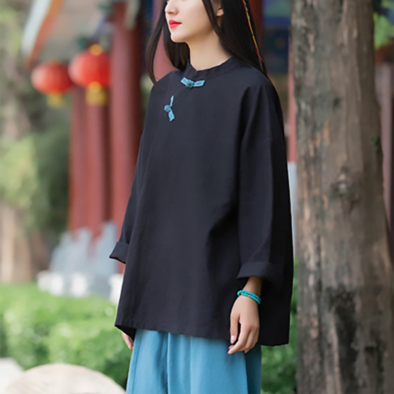 Ramie Linen Loose Blouse Women Long Sleeve Shirt Chinese Hanfu Top
