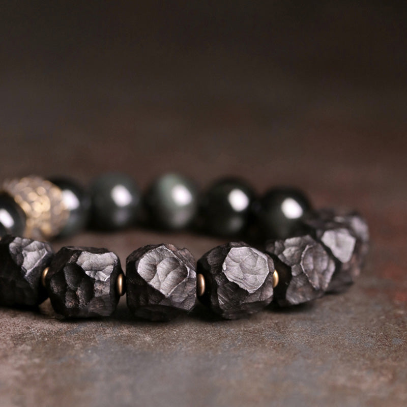 Handcrafted Black Obsidian Ebony Wood & Copper Strength Couple Bracelet