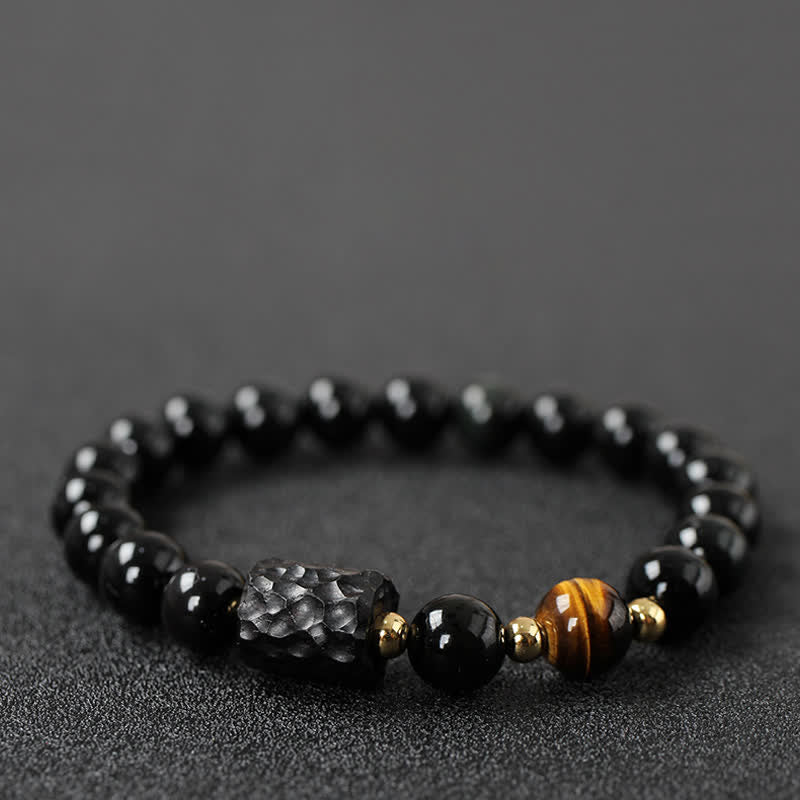 Ebony Wood & Black Obsidian Gold Sterling Silver Tiger Eye Beaded Couple Bracelet