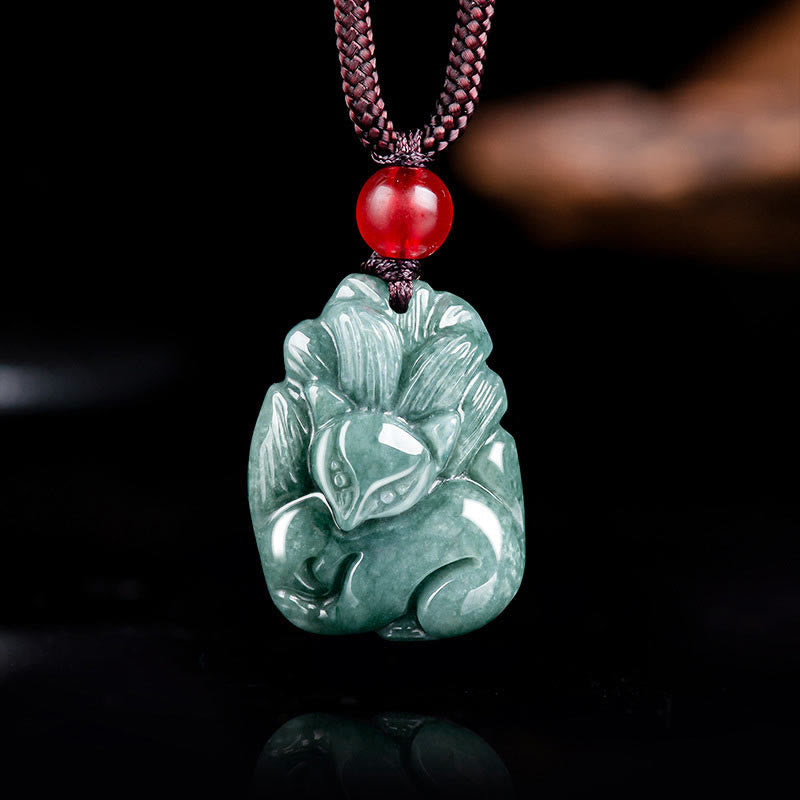 Natural Green Jade Nine Tailed Fox Engraved Prosperity Necklace Pendant