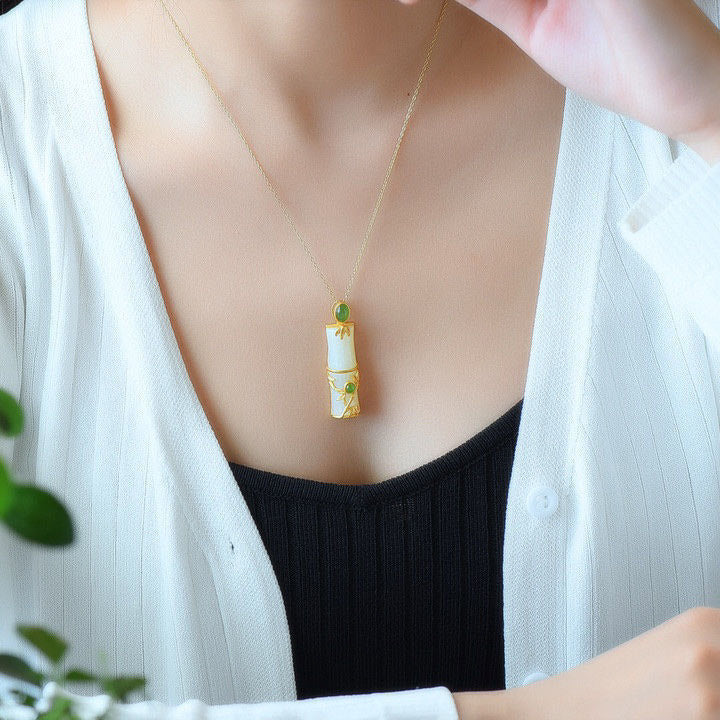 White Jade Cyan Jade Bamboo Protection Necklace Pendant