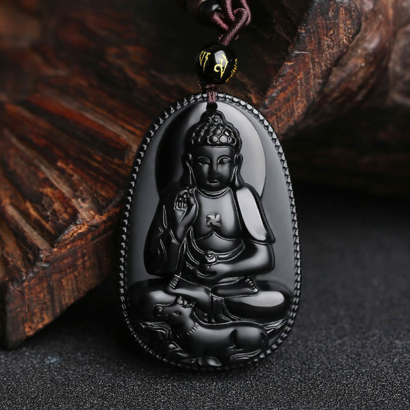 Chinese Zodiac Natal Buddha Natural Black Obsidian Purification Necklace Pendant