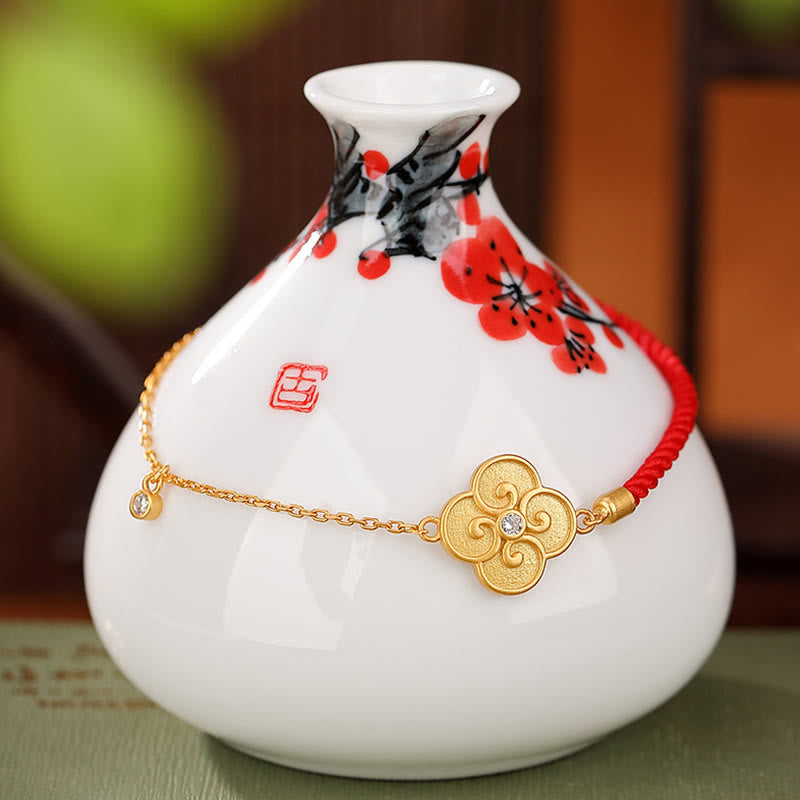 Handmade Red String Bracelet with Gold Plated 925 Sterling Silver Four-Leaf Clover and Zircon