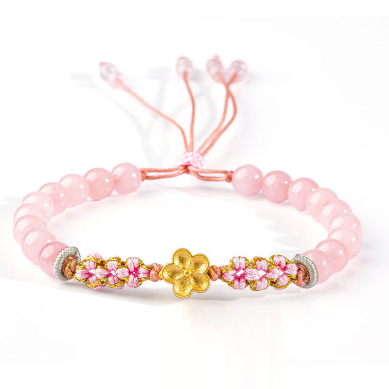 999 Sterling Silver Natural Red Agate Pink Crystal Cherry blossom Bracelet