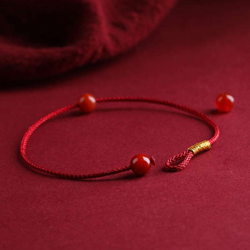 Natural Cinnabar or Red Agate Hand-Woven Red String Bracelet