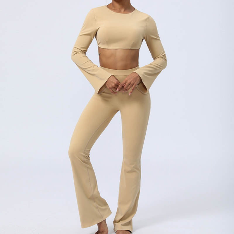 Long Sleeve Backless Strap Top Bra Flare Pants Fitness Yoga Outfit