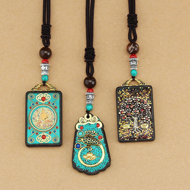 Tibet God Of Wealth Money Tree Golden Phoenix Thangka Ebony Peace Necklace Pendant