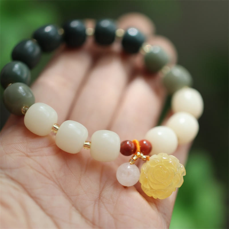 Gradient Bodhi Seed, Amber, Golden Silk Jade & Red Agate Lotus Symbol Unisex Elastic Bracelet