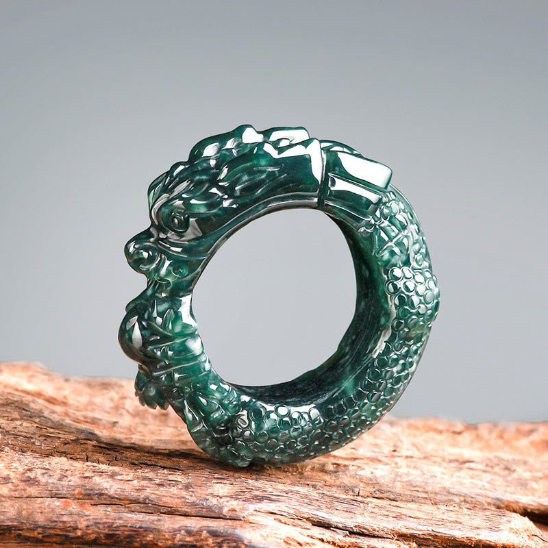 Natural Cyan Jade Dragon Carved Success Ring