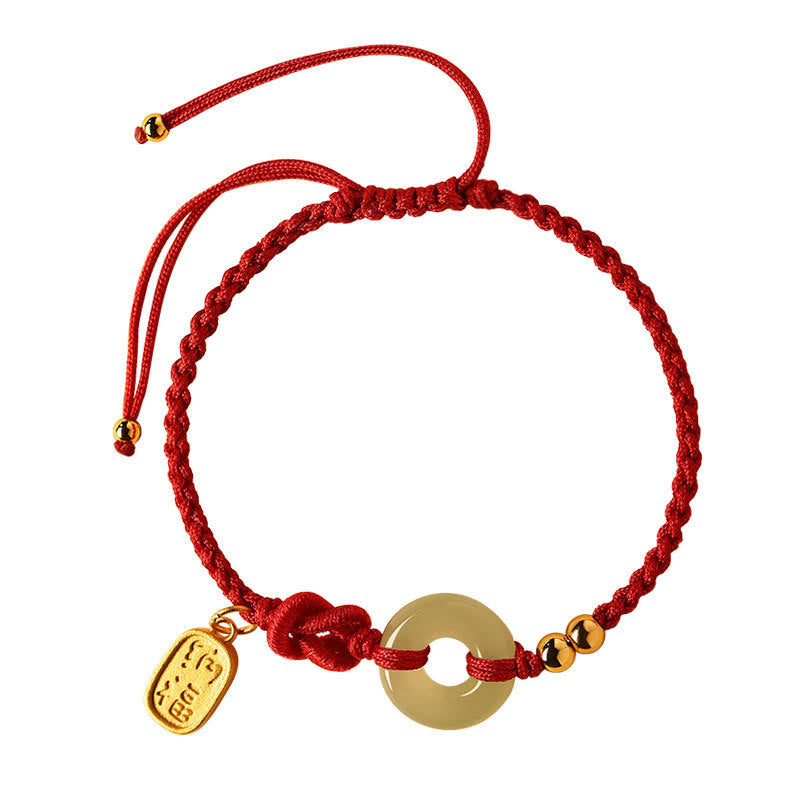 Hetian Jade Ping An Kou & Sterling Silver Fu Symbol Adjustable Cord Bracelet