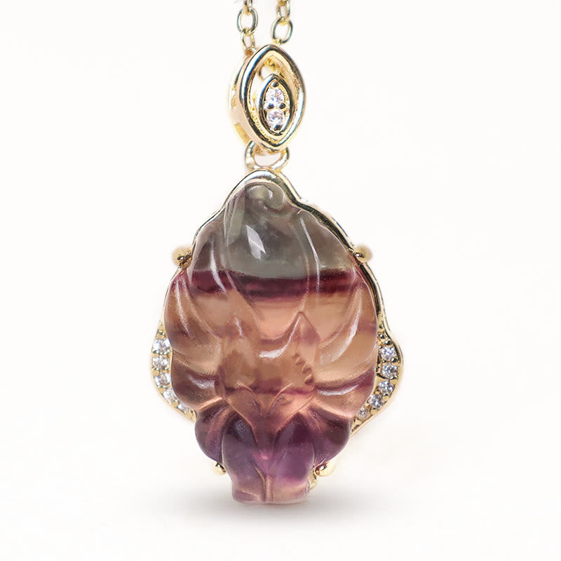 Natural Colorful Fluorite Hand-Carved Nine-Tailed Fox Pendant Necklace