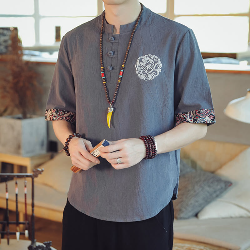 Frog-Button Dragon Embroidery Chinese Tang Suit Short Sleeve Shirt Linen Men Clothing