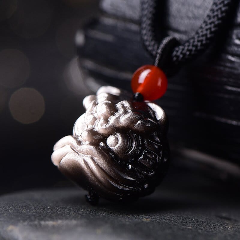 Natural Silver Sheen Obsidian Dancing Lion Protection Necklace Pendant