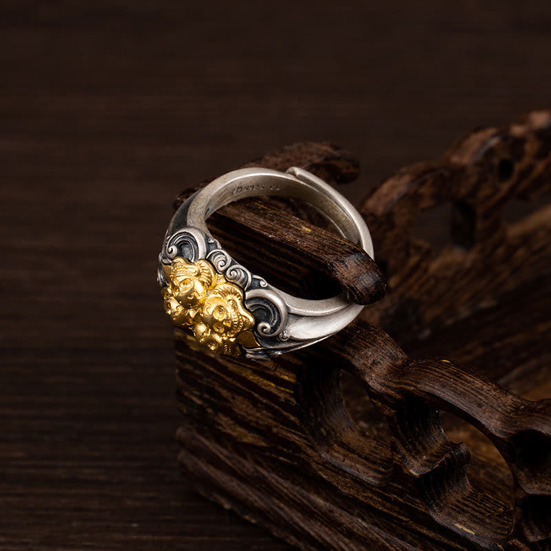 Adjustable 925 Sterling Silver Gold Kapala Tibetan Skull Ring