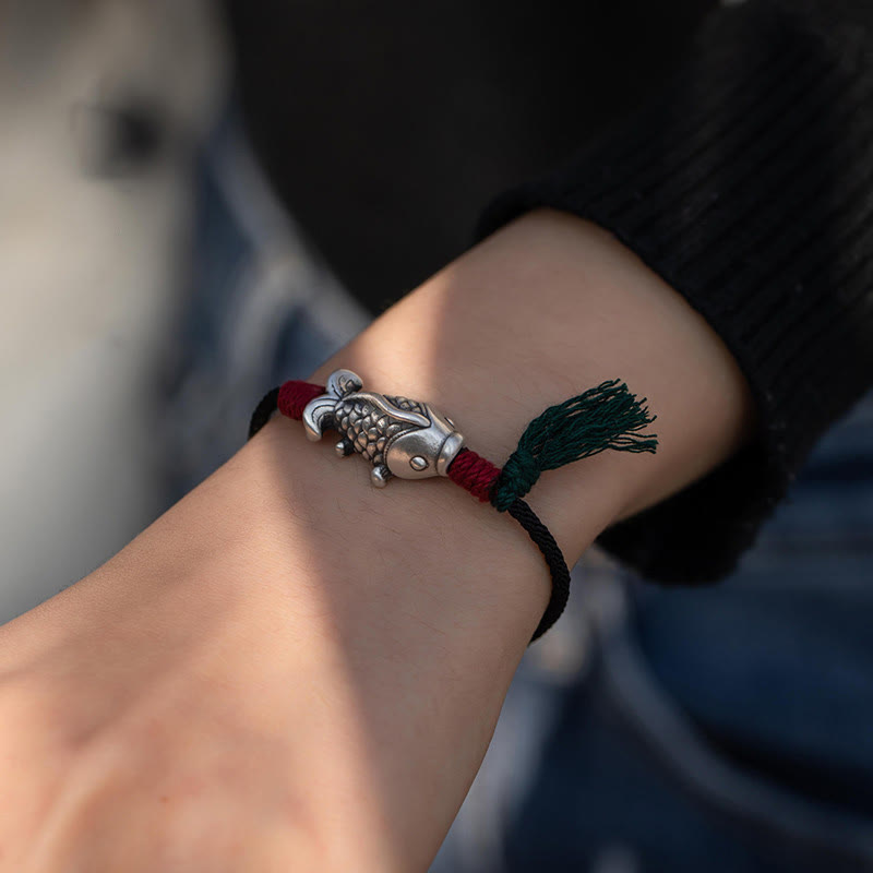 925 Sterling Silver Koi Fish & Yin Yang Braided Cord Bracelet