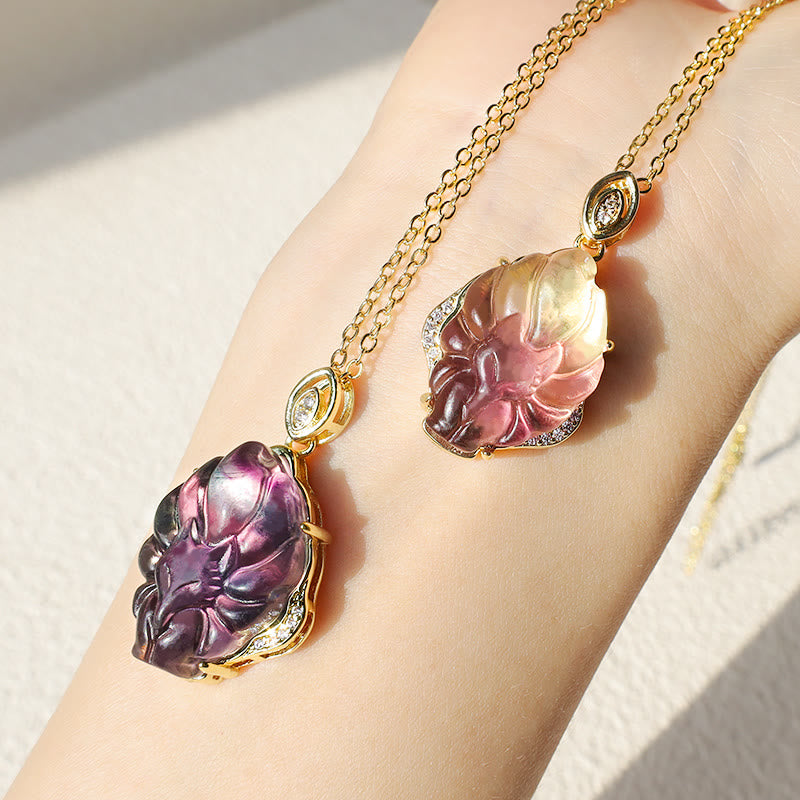 Natural Colorful Fluorite Hand-Carved Nine-Tailed Fox Pendant Necklace