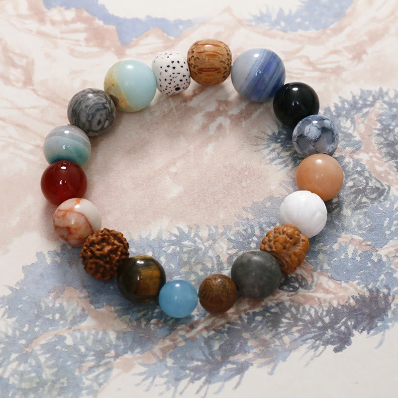 Handmade 18-Bead Bodhi Seed Bracelet with Natural Agate and Clear Quartz