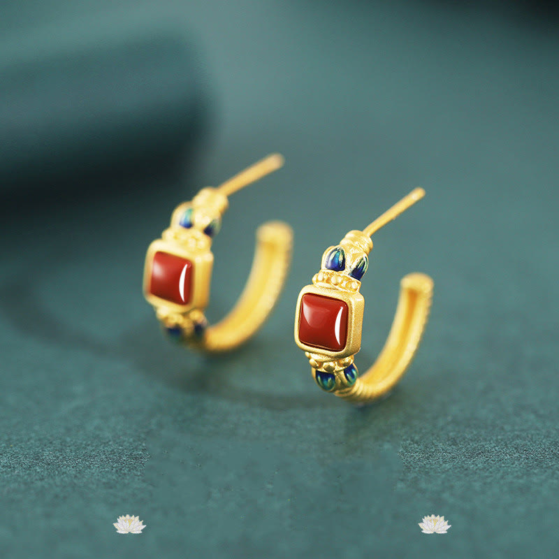 925 Sterling Silver Red Agate Lotus Stud Earrings