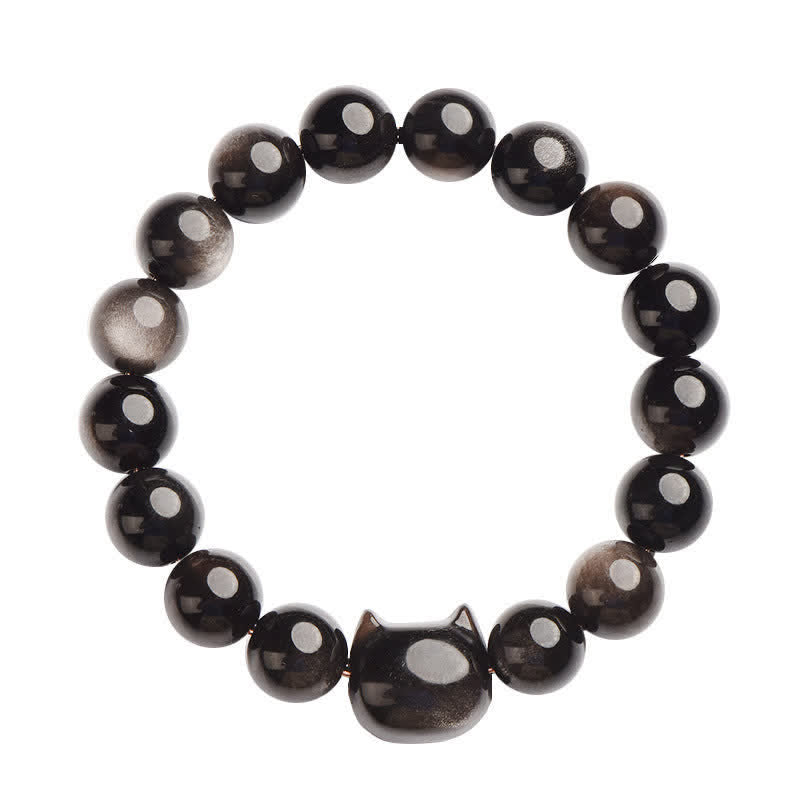 Handmade Gold & Silver Sheen Obsidian Feline Motif Beaded Bracelet