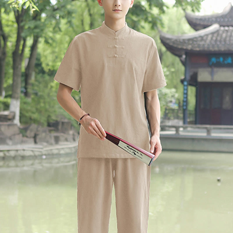 2Pcs Men's Short Sleeve Shirt Top T-Shirt Pants Meditation Zen Tai Chi Cotton Linen Clothing Set