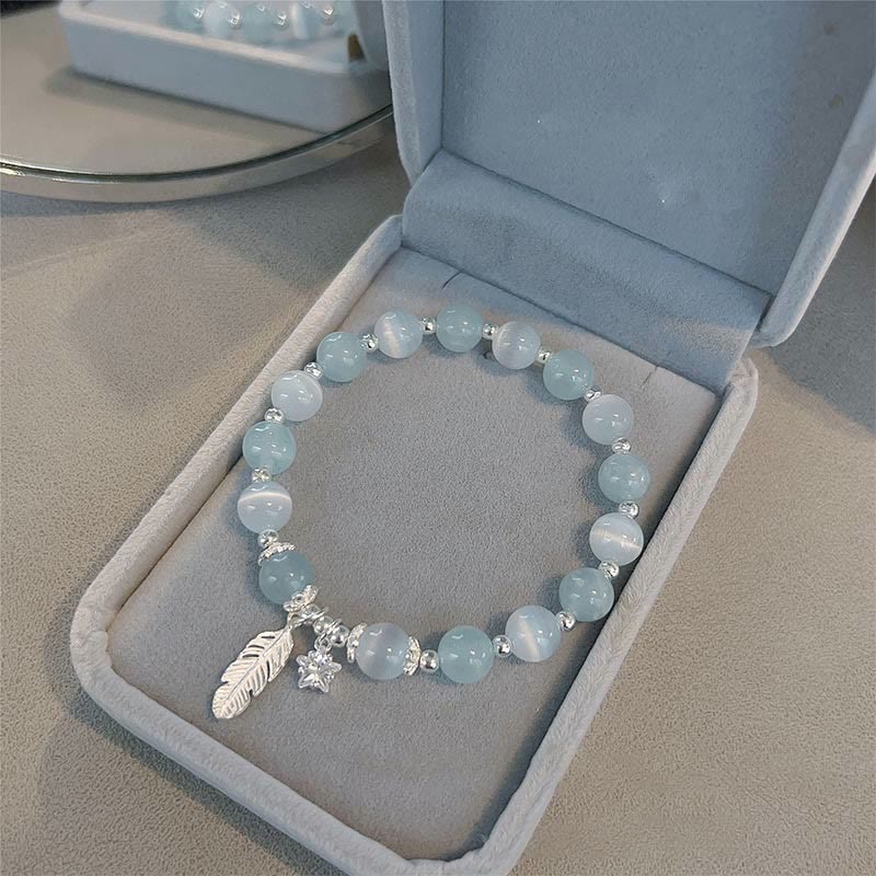 925 Sterling Silver Aquamarine Cat's Eye Healing Feather Star Charm Bracelet