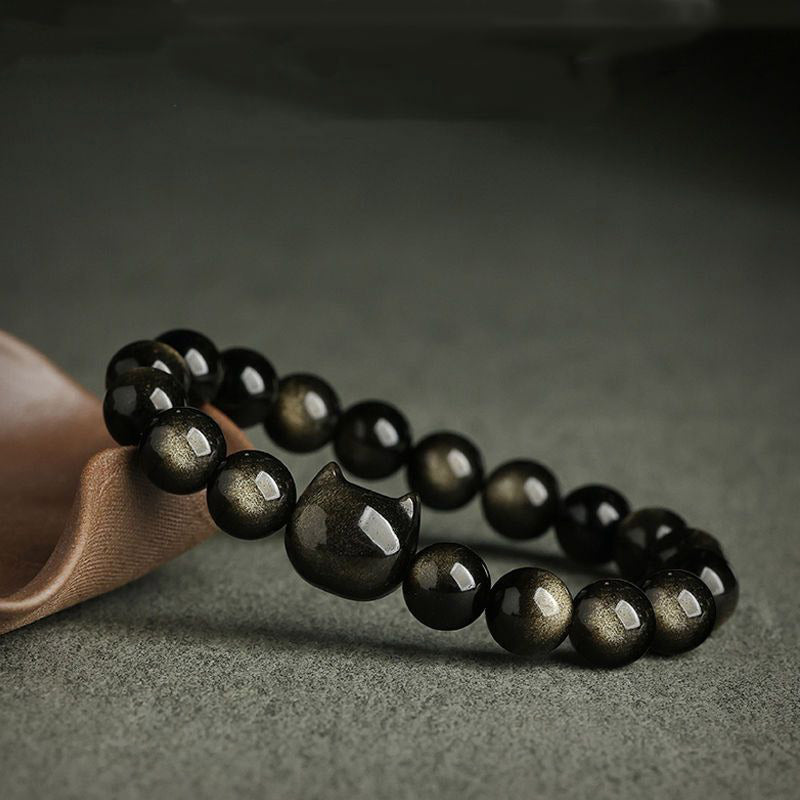 Handmade Gold & Silver Sheen Obsidian Feline Charm Beaded Bracelet