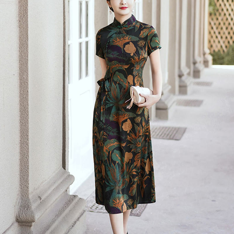 Silk Qipao Dress Retro Flower Leaf Pattern Women's Cheongsam Dress