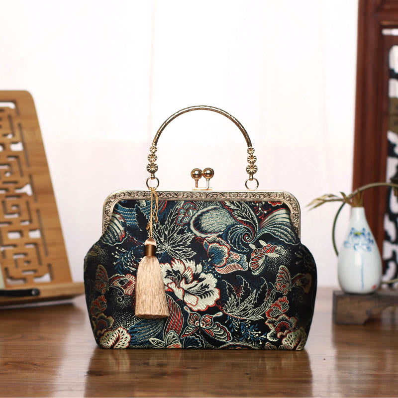 Vintage Flower Butterfly Crane Sea Waves Metal Chain Crossbody Bag Shoulder Bag Handbag